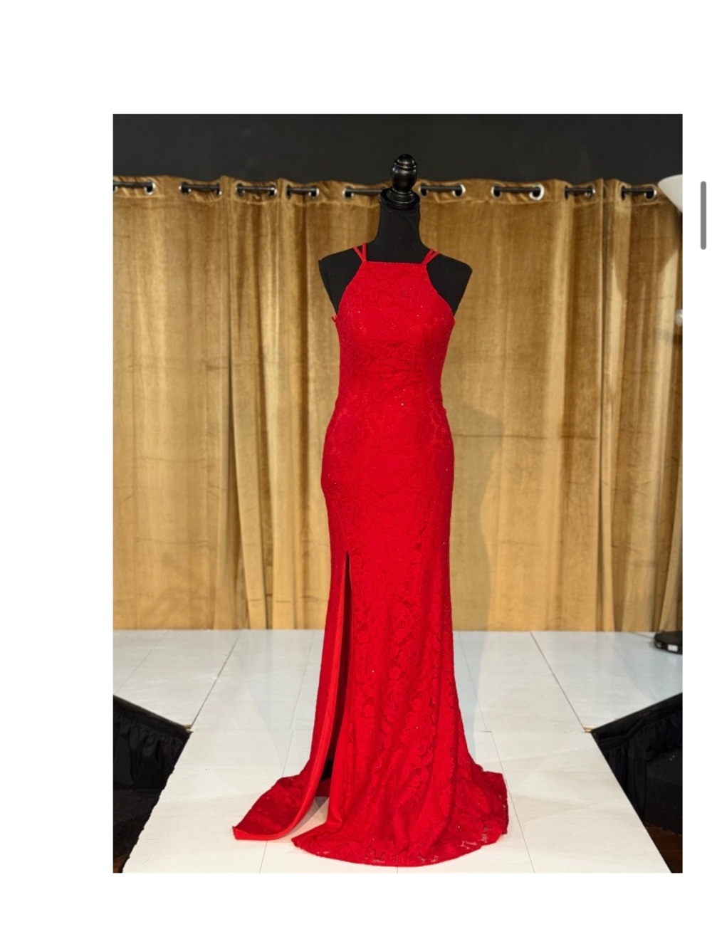 La Femme Red Halter Prom Gown with Thigh Slit